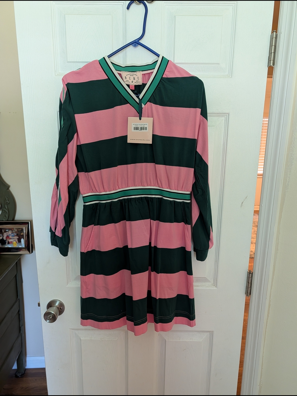Striped V-Neck Mini Dress - Pink & Dark Green